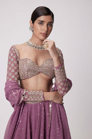 Mud Mauve Mirror Embroidered Lehenga Pants Set by Vvani By Vani Vats available on Indiaspopup.com