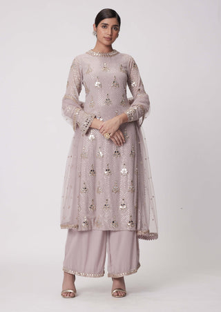 Ash Pink Embroidered Straight Kurta Set by Vvani By Vani Vats available on Indiaspopup.com