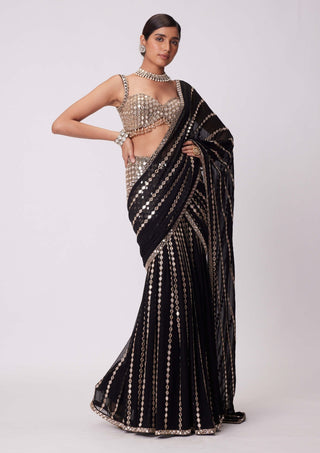 Black pre-draped hand embroidered sari and blouse