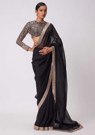 Black hand embroidered organza sari and blouse