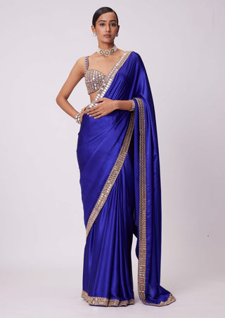 Persian blue hand embroidered satin sari and blouse