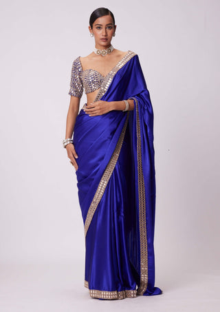 Persian blue mirror embroidered satin sari and blouse