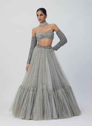 Crystal Gray Tulle Lehenga Set by Vvani By Vani Vats available on Indiaspopup.com