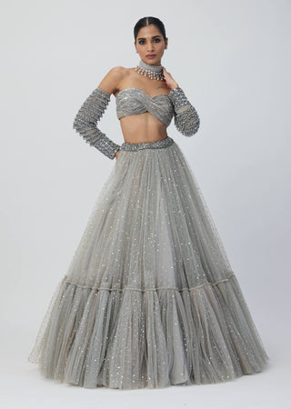 Crystal Gray Tulle Lehenga Set by Vvani By Vani Vats available on Indiaspopup.com