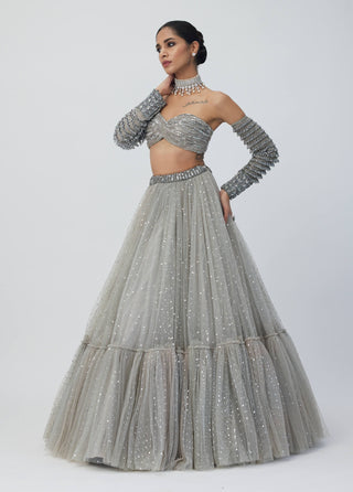 Crystal Gray Tulle Lehenga Set by Vvani By Vani Vats available on Indiaspopup.com