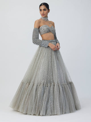 Crystal Gray Tulle Lehenga Set by Vvani By Vani Vats available on Indiaspopup.com