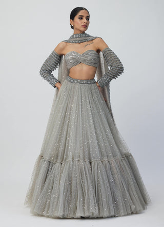 Crystal Gray Tulle Lehenga Set by Vvani By Vani Vats available on Indiaspopup.com