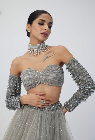 Crystal Gray Tulle Lehenga Set by Vvani By Vani Vats available on Indiaspopup.com