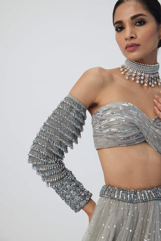 Crystal Gray Tulle Lehenga Set by Vvani By Vani Vats available on Indiaspopup.com