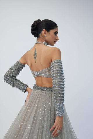 Crystal Gray Tulle Lehenga Set by Vvani By Vani Vats available on Indiaspopup.com