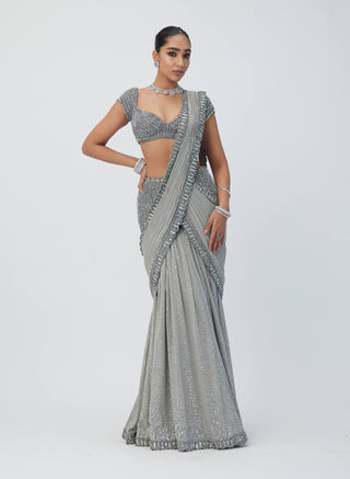Crystal Gray Pre-Draped Sari And Blouse by Vvani By Vani Vats available on Indiaspopup.com