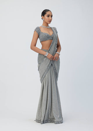 Crystal Gray Pre-Draped Sari And Blouse by Vvani By Vani Vats available on Indiaspopup.com