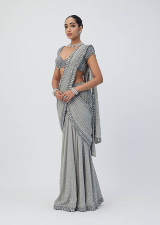 Crystal Gray Pre-Draped Sari And Blouse by Vvani By Vani Vats available on Indiaspopup.com