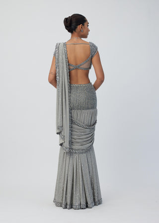 Crystal Gray Pre-Draped Sari And Blouse by Vvani By Vani Vats available on Indiaspopup.com