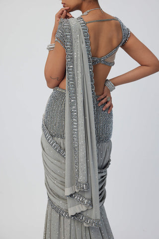 Crystal Gray Pre-Draped Sari And Blouse by Vvani By Vani Vats available on Indiaspopup.com