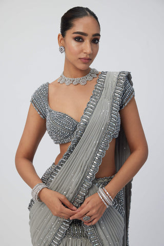 Crystal Gray Pre-Draped Sari And Blouse by Vvani By Vani Vats available on Indiaspopup.com