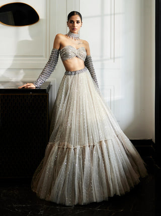 Crystal Gray Tulle Lehenga Set by Vvani By Vani Vats available on Indiaspopup.com