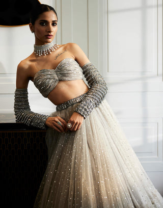Crystal Gray Tulle Lehenga Set by Vvani By Vani Vats available on Indiaspopup.com