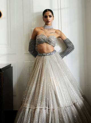 Crystal Gray Tulle Lehenga Set by Vvani By Vani Vats available on Indiaspopup.com