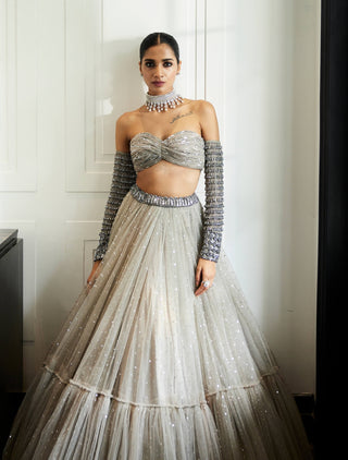 Crystal Gray Tulle Lehenga Set by Vvani By Vani Vats available on Indiaspopup.com
