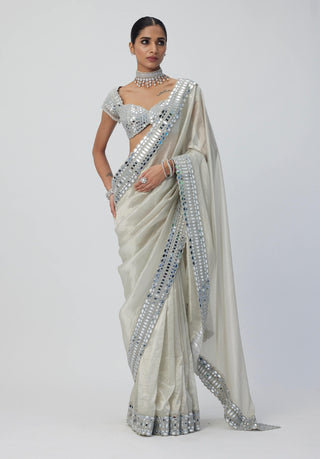 Silver Shimmer Organza Sari Set by Vvani By Vani Vats available on Indiaspopup