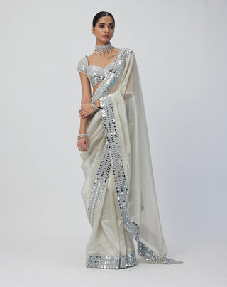 Silver Shimmer Organza Sari Set by Vvani By Vani Vats available on Indiaspopup