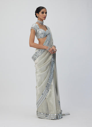 Silver Shimmer Organza Sari Set by Vvani By Vani Vats available on Indiaspopup