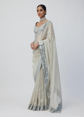 Silver Shimmer Organza Sari Set by Vvani By Vani Vats available on Indiaspopup