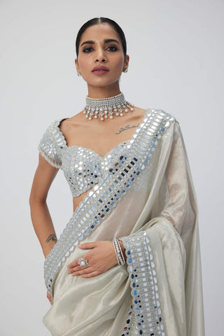 Silver Shimmer Organza Sari Set by Vvani By Vani Vats available on Indiaspopup