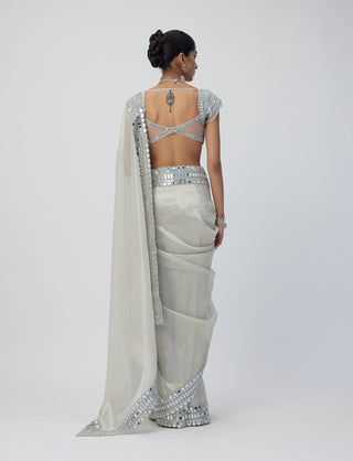 Silver Shimmer Organza Sari Set by Vvani By Vani Vats available on Indiaspopup