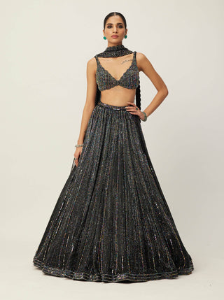 Black Crystal Linear Embroidered Lehenga Set by Vvani By Vani Vats available on Indiaspopup.com