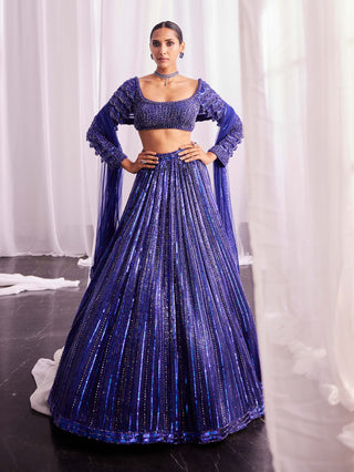 Cocktail Blue Crystal Linear Embroidered Lehenga Set by Vvani By Vani Vats available on Indiaspopup.com