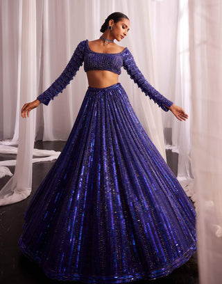 Cocktail Blue Crystal Linear Embroidered Lehenga Set by Vvani By Vani Vats available on Indiaspopup.com