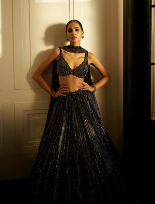 Black Crystal Linear Embroidered Lehenga Set by Vvani By Vani Vats available on Indiaspopup.com