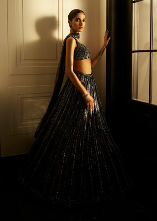 Black Crystal Linear Embroidered Lehenga Set by Vvani By Vani Vats available on Indiaspopup.com