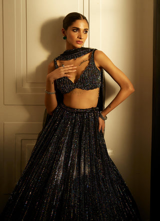 Black Crystal Linear Embroidered Lehenga Set by Vvani By Vani Vats available on Indiaspopup.com