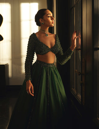 Dark Jade Green Organza Lehenga Set by Vvani By Vani Vats available on Indiaspopup.com
