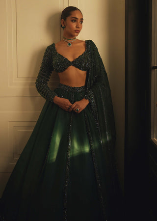 Dark Jade Green Organza Lehenga Set by Vvani By Vani Vats available on Indiaspopup.com