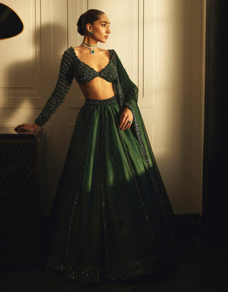 Dark Jade Green Organza Lehenga Set by Vvani By Vani Vats available on Indiaspopup.com