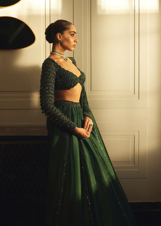 Dark Jade Green Organza Lehenga Set by Vvani By Vani Vats available on Indiaspopup.com