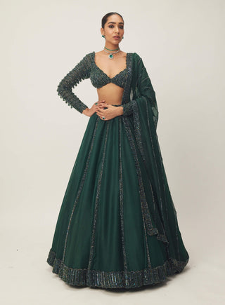 Dark Jade Green Organza Lehenga Set by Vvani By Vani Vats available on Indiaspopup.com