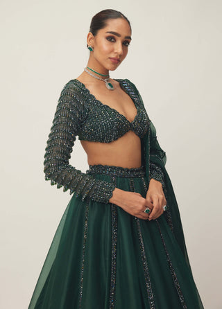 Dark Jade Green Organza Lehenga Set by Vvani By Vani Vats available on Indiaspopup.com