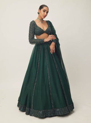 Dark Jade Green Organza Lehenga Set by Vvani By Vani Vats available on Indiaspopup.com