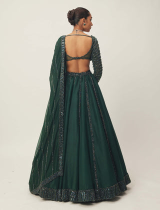 Dark Jade Green Organza Lehenga Set by Vvani By Vani Vats available on Indiaspopup.com