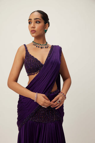 Royalty Purple Pre-Draped Crystal Beaded Sari Set by Vvani By Vani Vats available on Indiaspopup.com