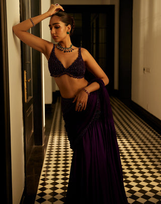 Royalty Purple Pre-Draped Crystal Beaded Sari Set by Vvani By Vani Vats available on Indiaspopup.com