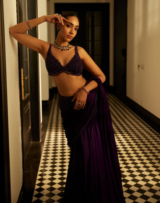 Royalty Purple Pre-Draped Crystal Beaded Sari Set by Vvani By Vani Vats available on Indiaspopup.com