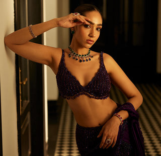 Royalty Purple Pre-Draped Crystal Beaded Sari Set by Vvani By Vani Vats available on Indiaspopup.com