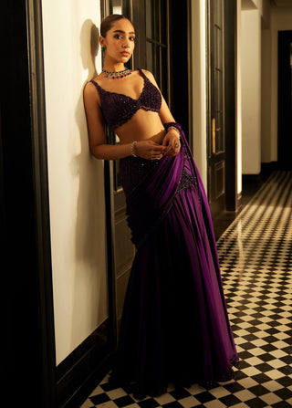 Royalty Purple Pre-Draped Crystal Beaded Sari Set by Vvani By Vani Vats available on Indiaspopup.com