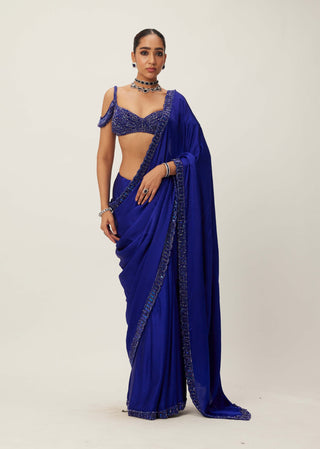Cocktail Blue Satin Sari Set by Vvani By Vani Vats available on Indiaspopup.com